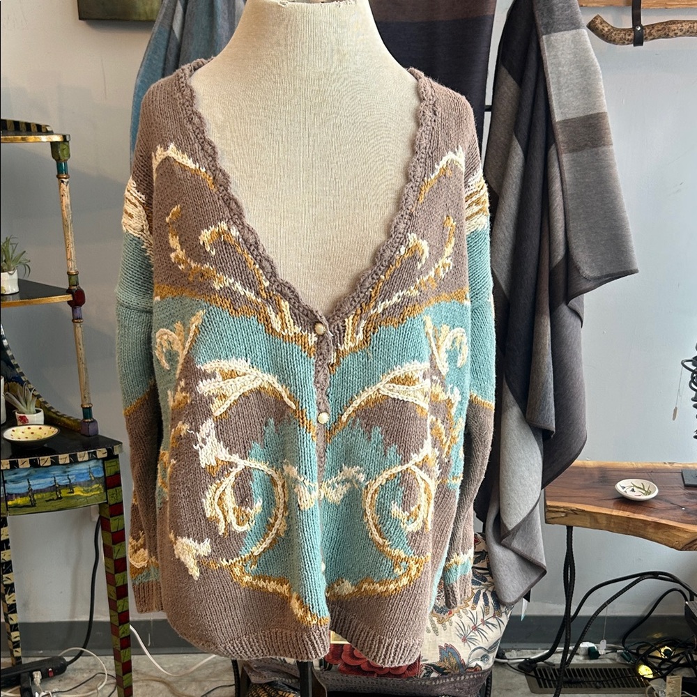 Vintage 90s Hand Knit Cardigan with Intricate Patterns